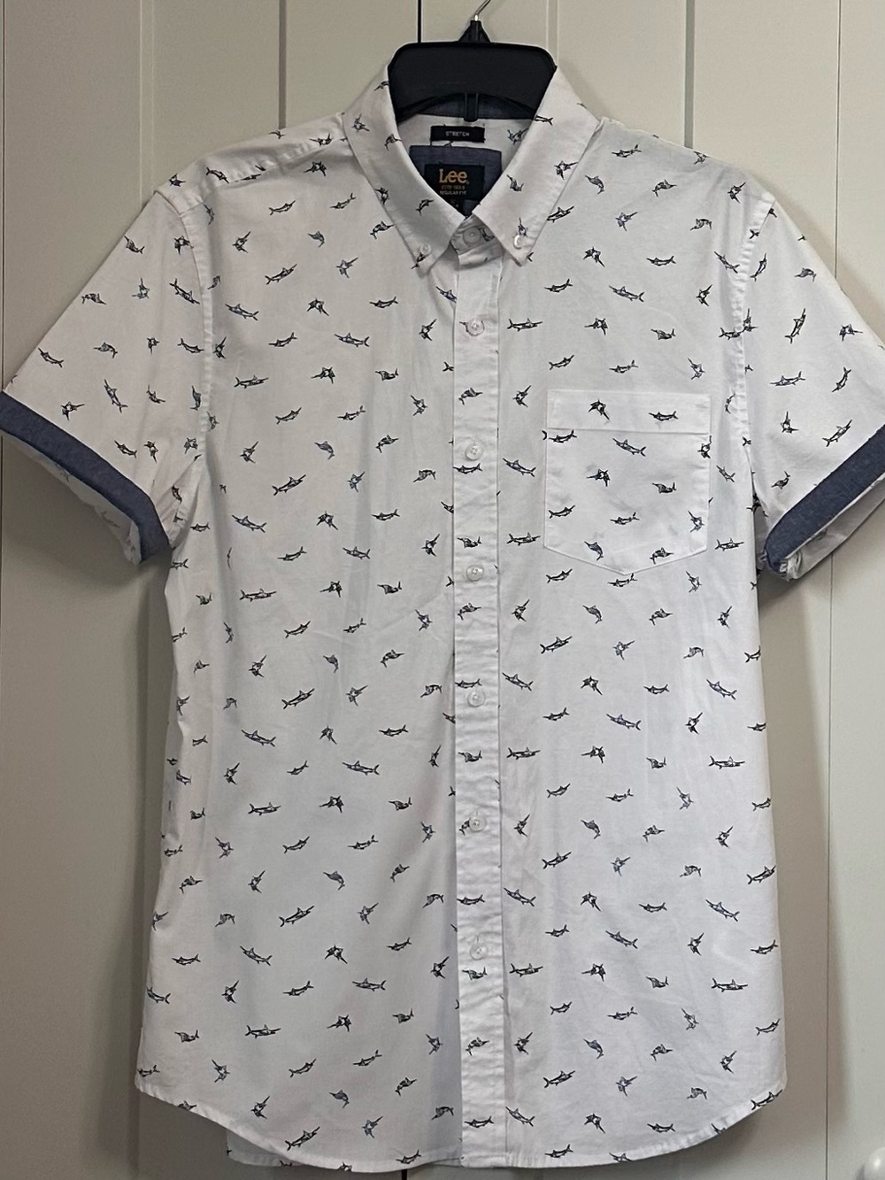 Lee Men's WhiteBlue Swordfish Marlin Print Stretch Button Down Shirt Size M 0077